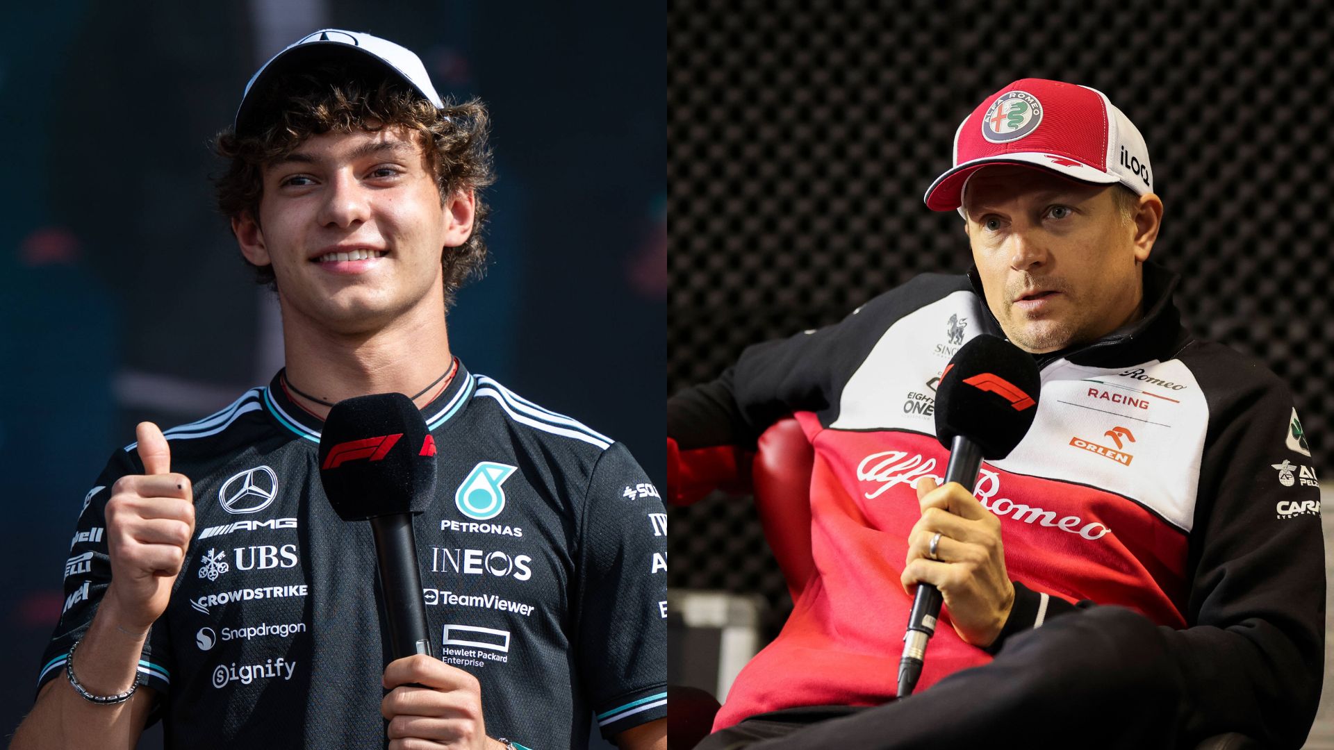 Kimi Antonelli (L) and Kimi Raikkonen (R)