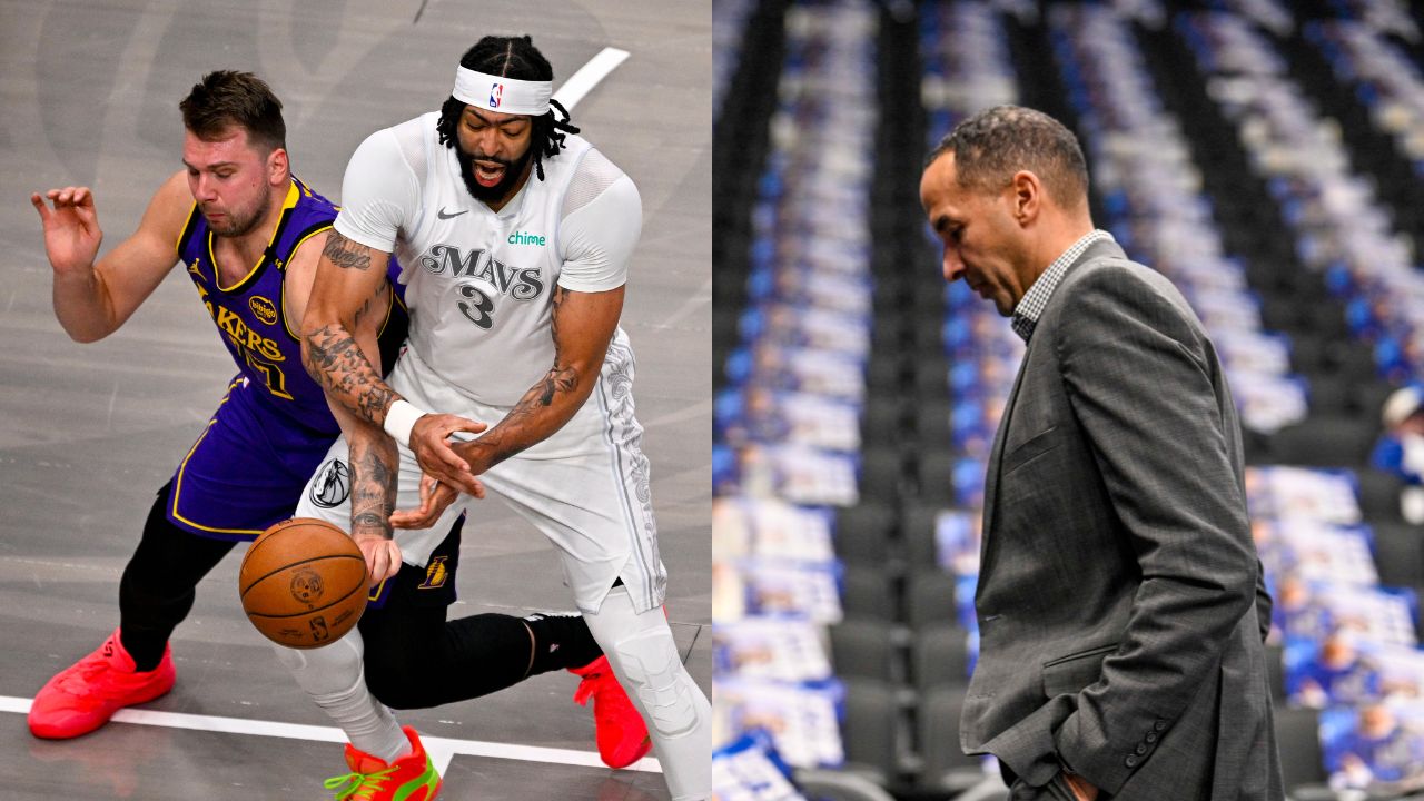 Luka Doncic and Anthony Davis(L), Nico Harrison(R)