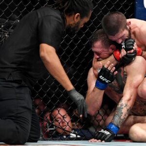 Khabib Nurmagomedov (red gloves) fights Conor McGregor (blue gloves) during UFC 229 at T-Mobile Arena.