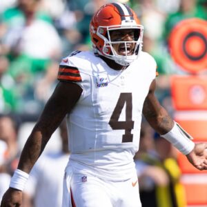 Cleveland Browns quarterback Deshaun Watson (4) reacts to a play against the Philadelphia Eagles during the first quarter at Lincoln Financial Field.