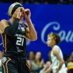 Connecticut Sun guard DiJonai Carrington (21) reacts after a play against the Minnesota Lynx in the second half during game four of the 2024 WNBA Semi-finals at Mohegan Sun Arena