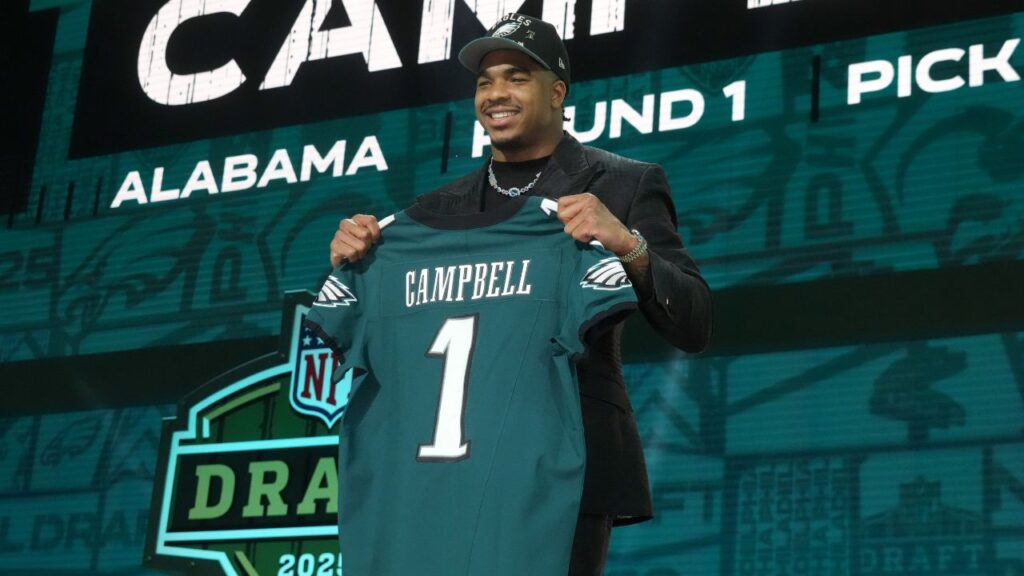 Alabama Crimson Tide linebacker Jihaad Campbell is selected by the Philadelphia Eagles as the number 31 pick in the first round of the 2025 NFL Draft at Lambeau Field.