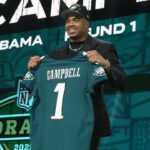 Alabama Crimson Tide linebacker Jihaad Campbell is selected by the Philadelphia Eagles as the number 31 pick in the first round of the 2025 NFL Draft at Lambeau Field.