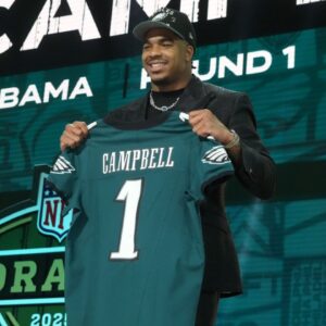 Alabama Crimson Tide linebacker Jihaad Campbell is selected by the Philadelphia Eagles as the number 31 pick in the first round of the 2025 NFL Draft at Lambeau Field.
