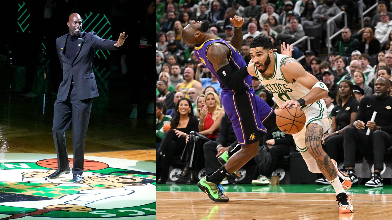 Kevin Garnett (L), LeBron James getting fouled by Jayson Tatum (R)