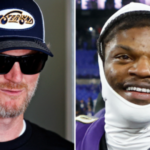 (L-R) Former NASCAR Cup Series driver Dale Earnhardt Jr. and NFL Quarterback Lamar Jackson.