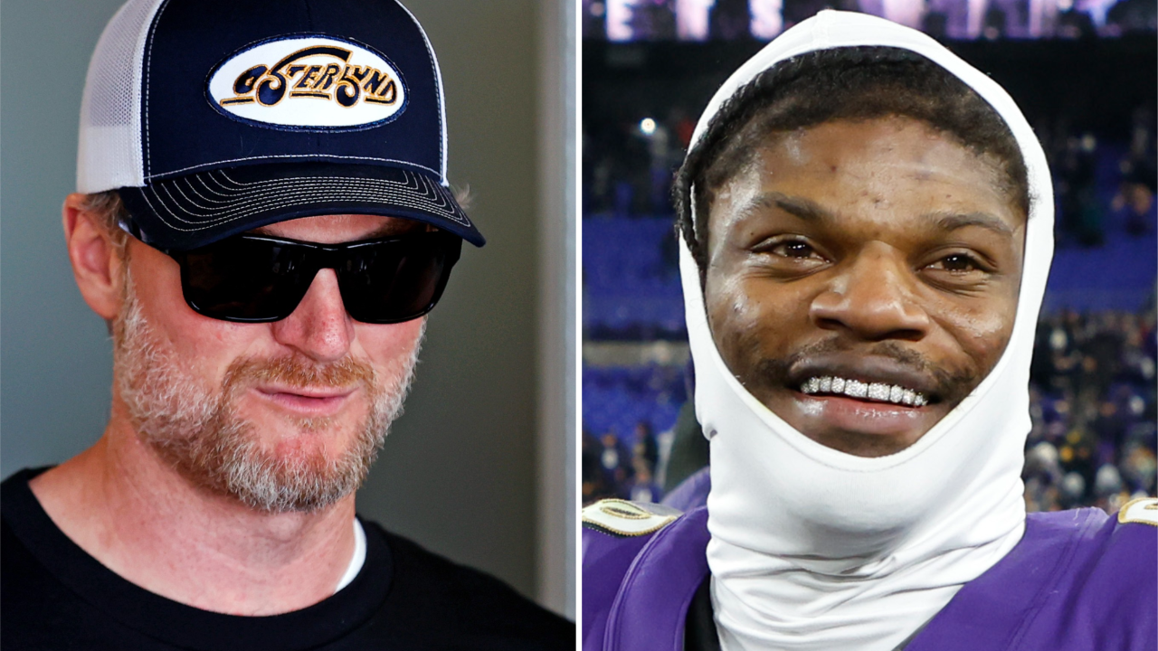 (L-R) Former NASCAR Cup Series driver Dale Earnhardt Jr. and NFL Quarterback Lamar Jackson.