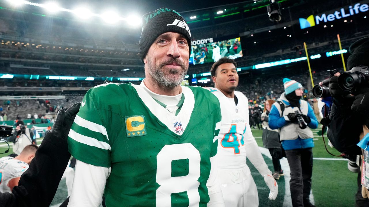 New York Jets quarterback Aaron Rodgers (8) is shown after he led Gang Green to a 32-20 victory against the Miami Dolphins, on Jan. 5, 2025, in East Rutherford, N.J.