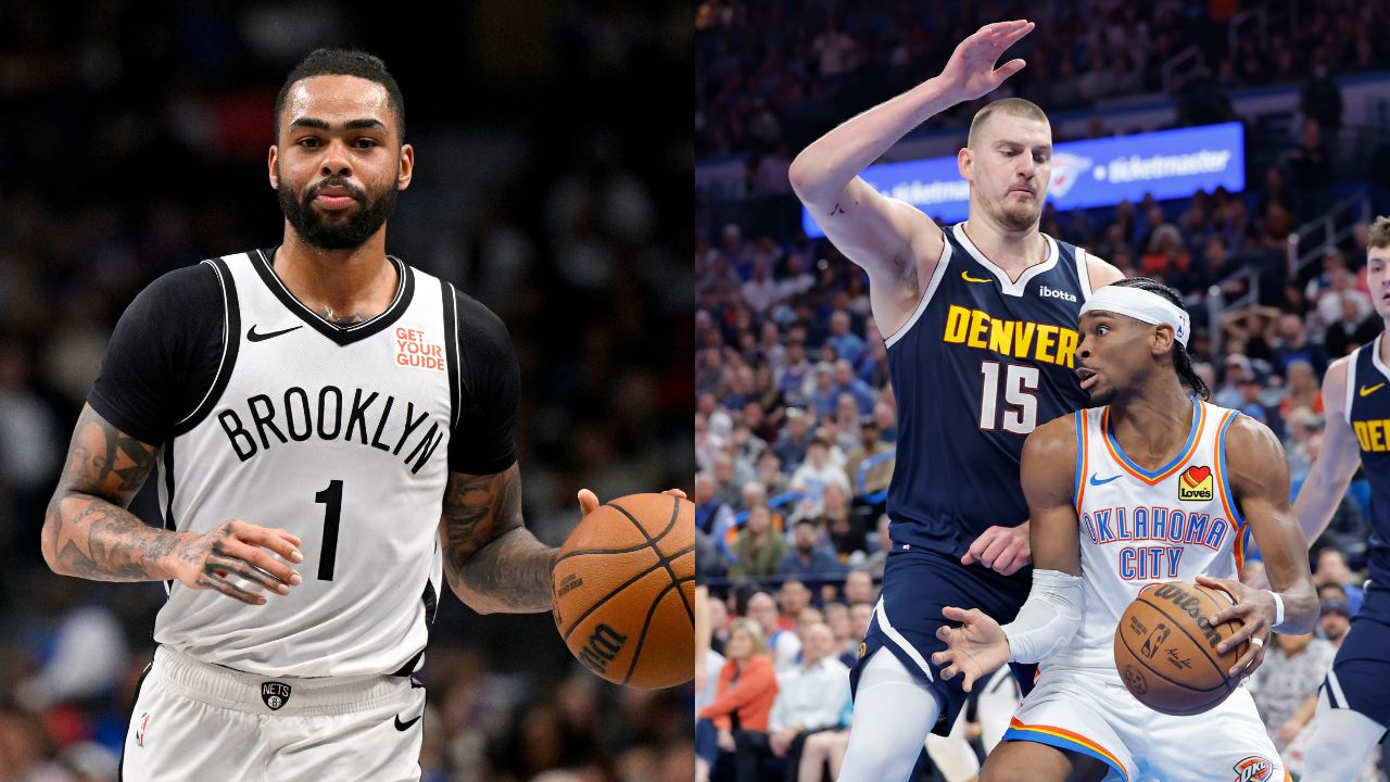 D'Angelo Russell(L), Nikola Jokic and Shai Gilgeous-Alexander(R)