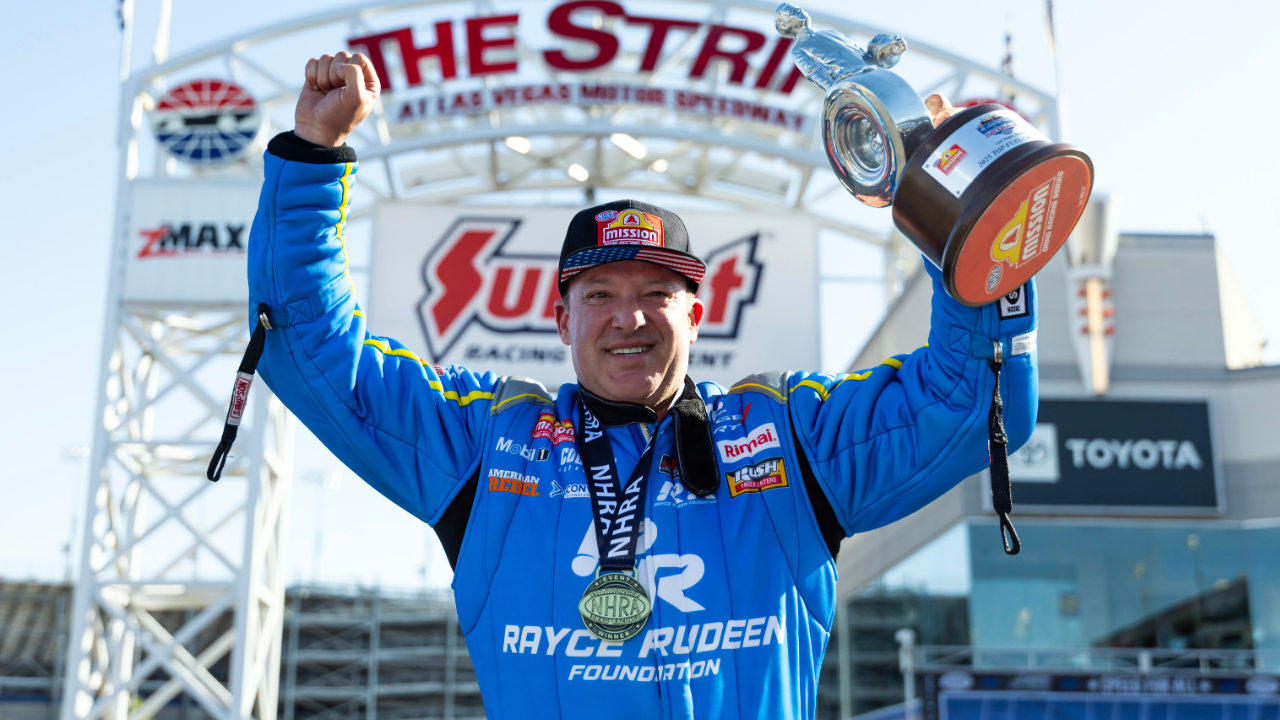 NHRA top fuel driver Tony Stewart celebrates after winning the Four Wide Nationals at The Strip at Las Vegas Motor Speedway. The win is the first of Stewarts professional drag racing career.