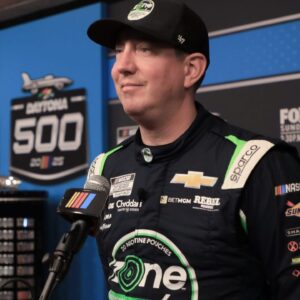Kyle Busch talks with the press on the red carpet during NASCAR media day on Wednesday, Feb.12, 2025.