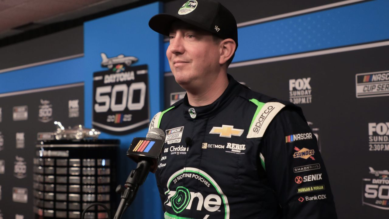 Kyle Busch talks with the press on the red carpet during NASCAR media day on Wednesday, Feb.12, 2025.