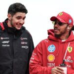 F1 Grand Prix Of Japan Esteban Ocon of France and the MoneyGram Haas F1 Team and Lewis Hamilton of Great Britain and Scuderia Ferrari look on before the F1 Grand Prix of Japan at Suzuka Circuit in Suzuka, Japan, on April 6, 2025
