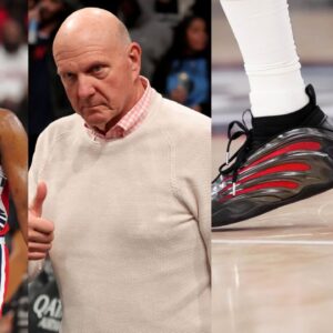 James Harden (L), Steve Ballmer (C), Adidas Harden 9 Hellcat (R)