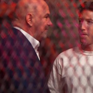 Mark Zuckerberg (right) and Dana White (left) during UFC 300 at T-Mobile Arena