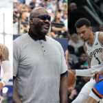 Danny Green (L), Shaquille O'Neal (C), Victor Wembanyama and Chet Holmgren (R)