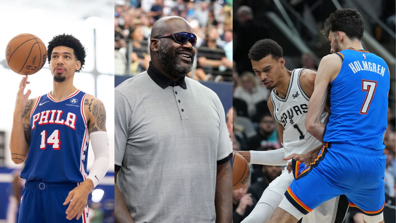 Danny Green (L), Shaquille O'Neal (C), Victor Wembanyama and Chet Holmgren (R)