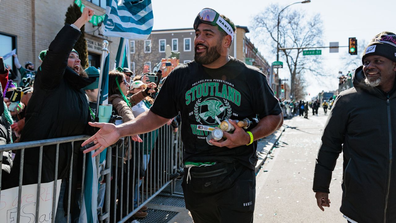 Philadelphia Eagles offensive tackle Jordan Mailata (68) celebrates during the Super Bowl LIX championship parade and rally.