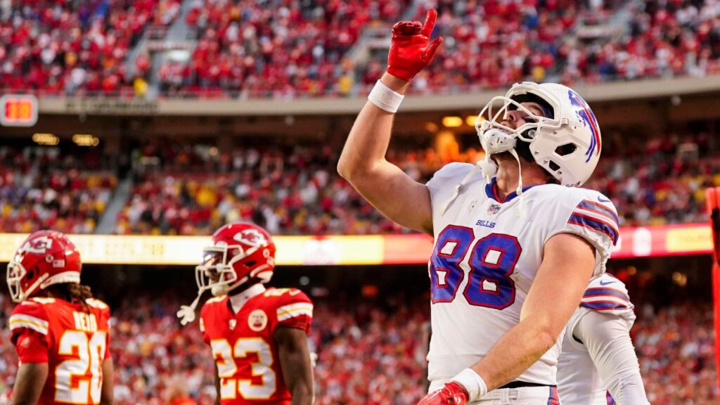 Buffalo Bills tight end Dawson Knox (88) celebrates after scoring a touchdown during the second half against the Kansas City Chiefs at GEHA Field at Arrowhead Stadium.