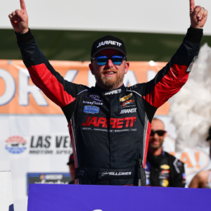 NASCAR Xfinity Series driver Justin Allgaier (7) celebrates his victory of The LiUNA! race at Las Vegas Motor Speedway.