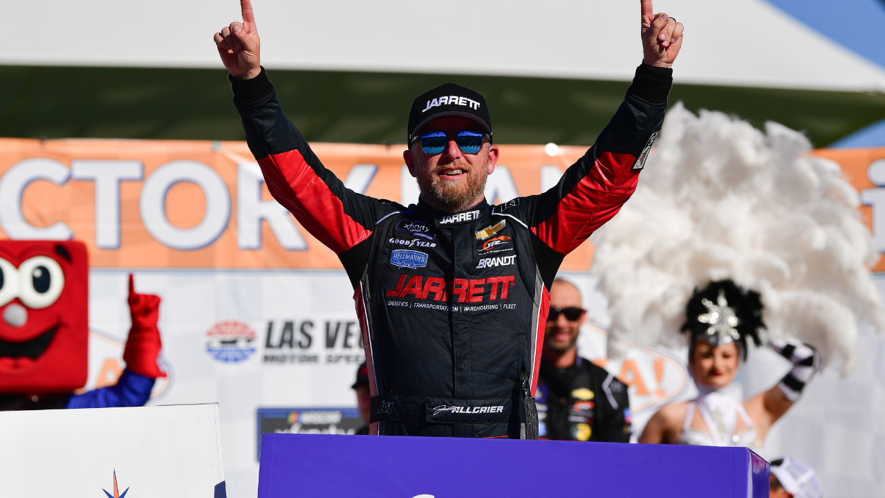 NASCAR Xfinity Series driver Justin Allgaier (7) celebrates his victory of The LiUNA! race at Las Vegas Motor Speedway.