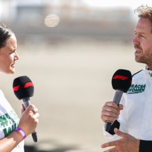 Sebastian Vettel is interviewed by F1 Presenter Laura Winter in the RACE4WOMEN CHALLENGE ME event during previews ahead of the F1 Grand Prix of Saudi Arabia at Jeddah Corniche Circuit