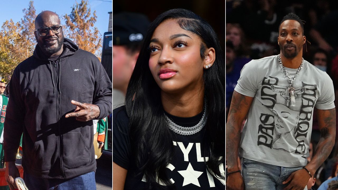 Shaquille O'Neal (L), Angel Reese (C), Dwight Howard (R)