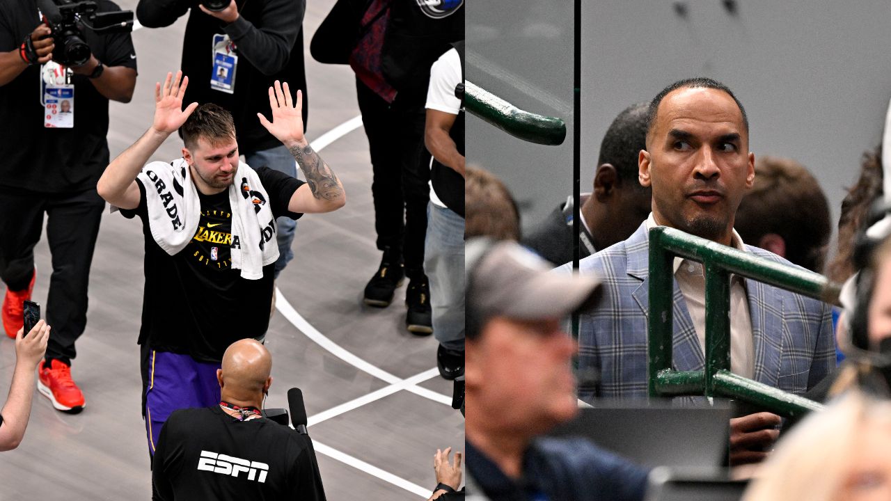 Luka Doncic (L), Nico Harrison (R)