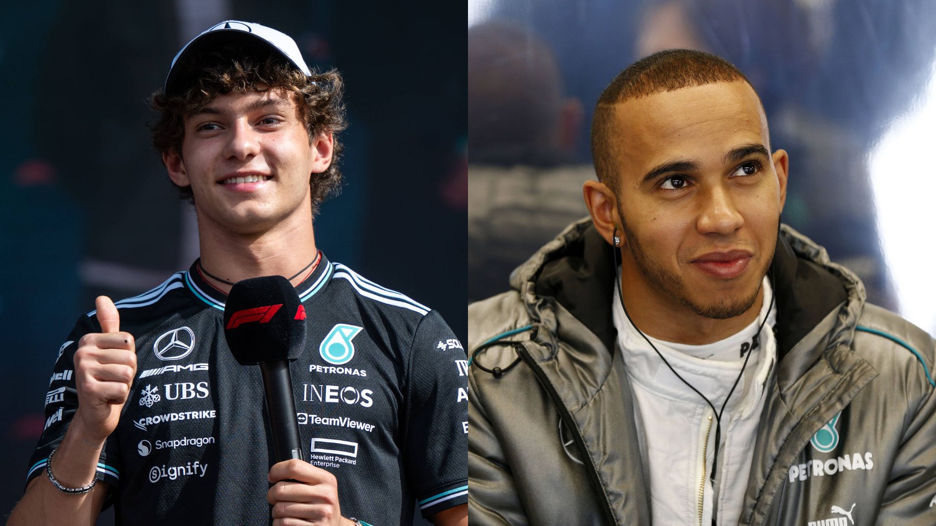 Kimi Antonelli (L) and Lewis Hamilton (R)