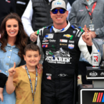 TALLADEGA, AL - APRIL 23: Kyle Busch ( 8 McLaren Custom Grills Richard Childress Racing Chevrolet) with wife Samantha, son Brexton and daughter Lennix after winning the NASCAR, Motorsport, USA Cup Series GEICO 500 on April 23, 2023 at Talladega SuperSpeedway in Talladega, AL. (Photo by Jeff Robinson Icon Sportswire) AUTO: APR 23 NASCAR Cup Series GEICO 500 EDITORIAL USE ONLY Icon2304235004909