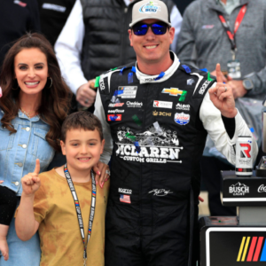 TALLADEGA, AL - APRIL 23: Kyle Busch ( 8 McLaren Custom Grills Richard Childress Racing Chevrolet) with wife Samantha, son Brexton and daughter Lennix after winning the NASCAR, Motorsport, USA Cup Series GEICO 500 on April 23, 2023 at Talladega SuperSpeedway in Talladega, AL. (Photo by Jeff Robinson Icon Sportswire) AUTO: APR 23 NASCAR Cup Series GEICO 500 EDITORIAL USE ONLY Icon2304235004909