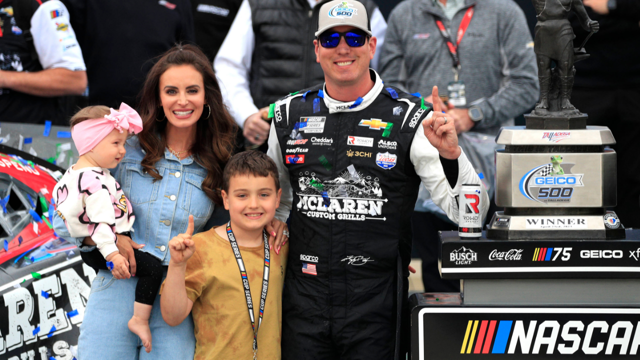TALLADEGA, AL - APRIL 23: Kyle Busch ( 8 McLaren Custom Grills Richard Childress Racing Chevrolet) with wife Samantha, son Brexton and daughter Lennix after winning the NASCAR, Motorsport, USA Cup Series GEICO 500 on April 23, 2023 at Talladega SuperSpeedway in Talladega, AL. (Photo by Jeff Robinson Icon Sportswire) AUTO: APR 23 NASCAR Cup Series GEICO 500 EDITORIAL USE ONLY Icon2304235004909
