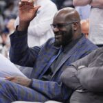 Shaquille O'Neal looks on in the first half between the Minnesota Timberwolves and the Dallas Mavericks during game two of the western conference finals for the 2024 NBA playoffs at Target Center