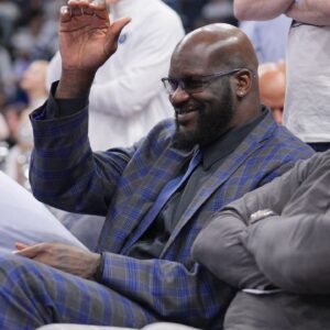 Shaquille O'Neal looks on in the first half between the Minnesota Timberwolves and the Dallas Mavericks during game two of the western conference finals for the 2024 NBA playoffs at Target Center