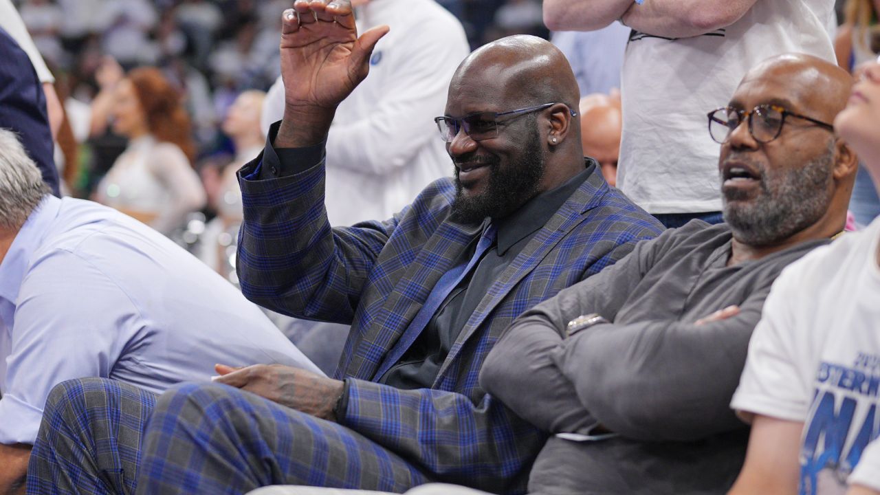 Shaquille O'Neal looks on in the first half between the Minnesota Timberwolves and the Dallas Mavericks during game two of the western conference finals for the 2024 NBA playoffs at Target Center