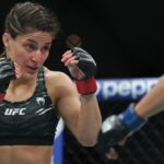Loopy Godinez of Mexico (L) against Julia Polastri of Brazil in a strawweight fight during the UFC Fight Night event at Mexico City Arena. on March 29, 2025 in Mexico City, Mexico.