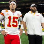 Kansas City Chiefs quarterback Patrick Mahomes (15) reacts after losing to the Philadelphia Eagles in Super Bowl LIX at Ceasars Superdome.