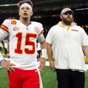 Kansas City Chiefs quarterback Patrick Mahomes (15) reacts after losing to the Philadelphia Eagles in Super Bowl LIX at Ceasars Superdome.