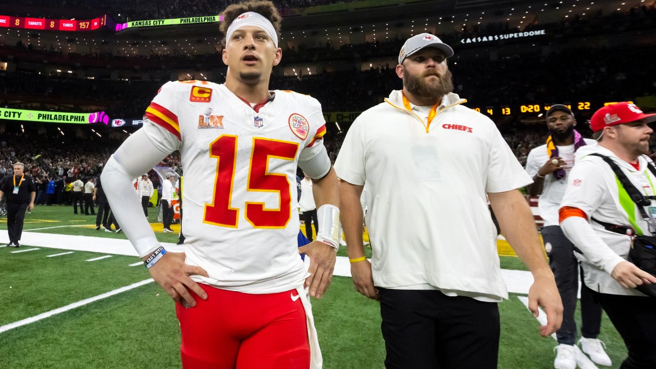 Kansas City Chiefs quarterback Patrick Mahomes (15) reacts after losing to the Philadelphia Eagles in Super Bowl LIX at Ceasars Superdome.