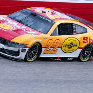 Apr 6, 2025; Darlington, South Carolina, USA; NASCAR Cup Series driver Joey Logano (22) during the Goodyear 400 at Darlington Raceway. Mandatory Credit: Jim Dedmon-Imagn Images