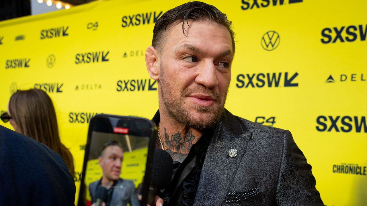Conor McGregor speaks to press on the red carpet before the premiere of Road House at the Paramount Theatre in Austin, Texas on the first day of South by Southwest, Friday, March 8, 2024. McGregor plays the character \"Knox\" in the movie.