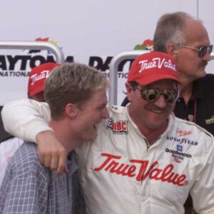 Dale Earnhardt hugs his son, Dale Earnhardt Jr., in victory lane after winning the International Race of Champions on Feb. 12, 1999 at Daytona International Speedway in Daytona, FL on Friday Feb. 12, 1999.