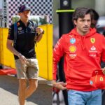 Kelly Piquet and Max Verstappen (L), Rebecca Donaldson and Carlos Sainz (R)