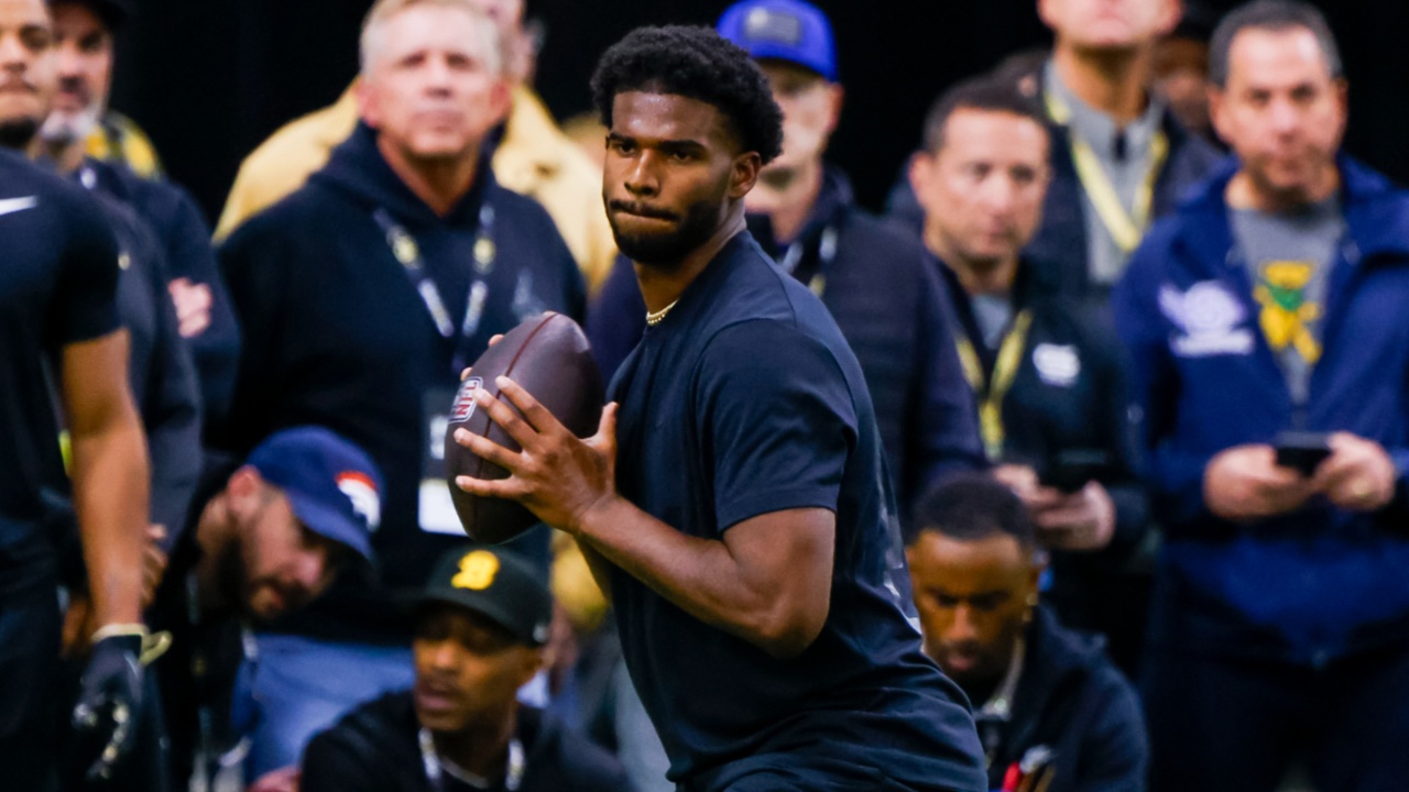 Apr 4, 2025; Boulder, CO, USA; Colorado Buffaloes quarterback Shedeur Sanders (2) looks to make a pass at the University of Colorado NFL Showcase at the CU Indoor Practice Facility.