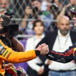 Oscar Piastri of Australia and the McLaren F1 Team shakes hands with Max Verstappen of the Netherlands and Oracle Red Bull Racing in the parc ferme after the F1 Grand Prix of Saudi Arabia at Jeddah Corniche Circuit in Jeddah, Saudi Arabia, on April 20, 2025