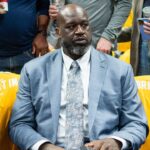 NBA former player Shaquille O'Neal before game one of the 2023 NBA Finals between the Miami Heat and Denver Nuggets at Ball Arena.