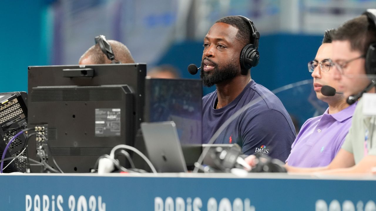 Dwyane Wade looks on from the media bench during the first half between Canada and Greece during the Paris 2024 Olympic Summer Games at Stade Pierre-Mauroy.