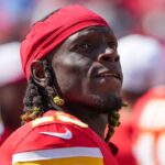 Kansas City Chiefs wide receiver Kadarius Toney (19) watches a replay against the Detroit Lions during the game at GEHA Field at Arrowhead Stadium.