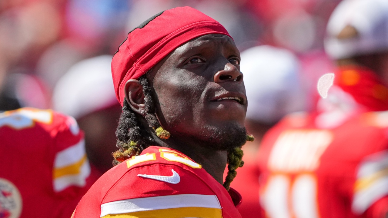 Kansas City Chiefs wide receiver Kadarius Toney (19) watches a replay against the Detroit Lions during the game at GEHA Field at Arrowhead Stadium.