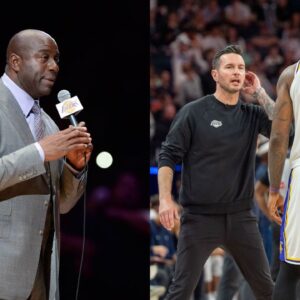 Magic Johnson (L), JJ Redick and LeBron James (R)